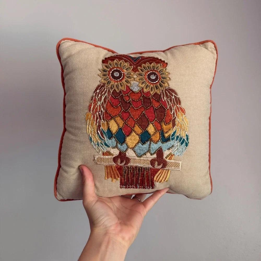 Pier 1 Imports Embroidered Beaded Owl Throw Pillow Boho Accent Small 10